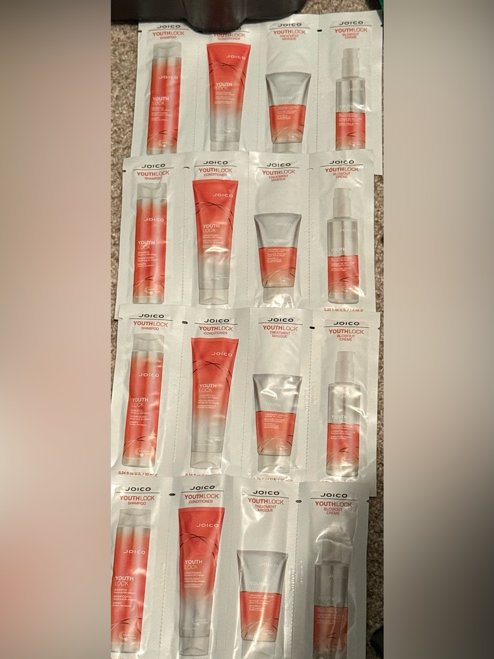 JOICO YOUTHLOCK 4 sets of shampoo, conditioner, mask & blowout cream samples.